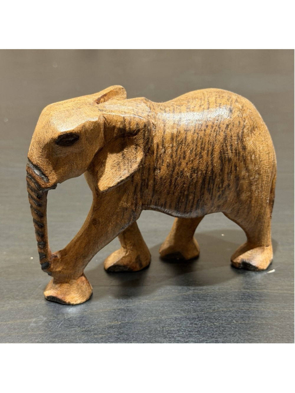 Small Hand Carved Boho Wooden Elephant Statue Figurine 4” L , 3” T, 1.5” W